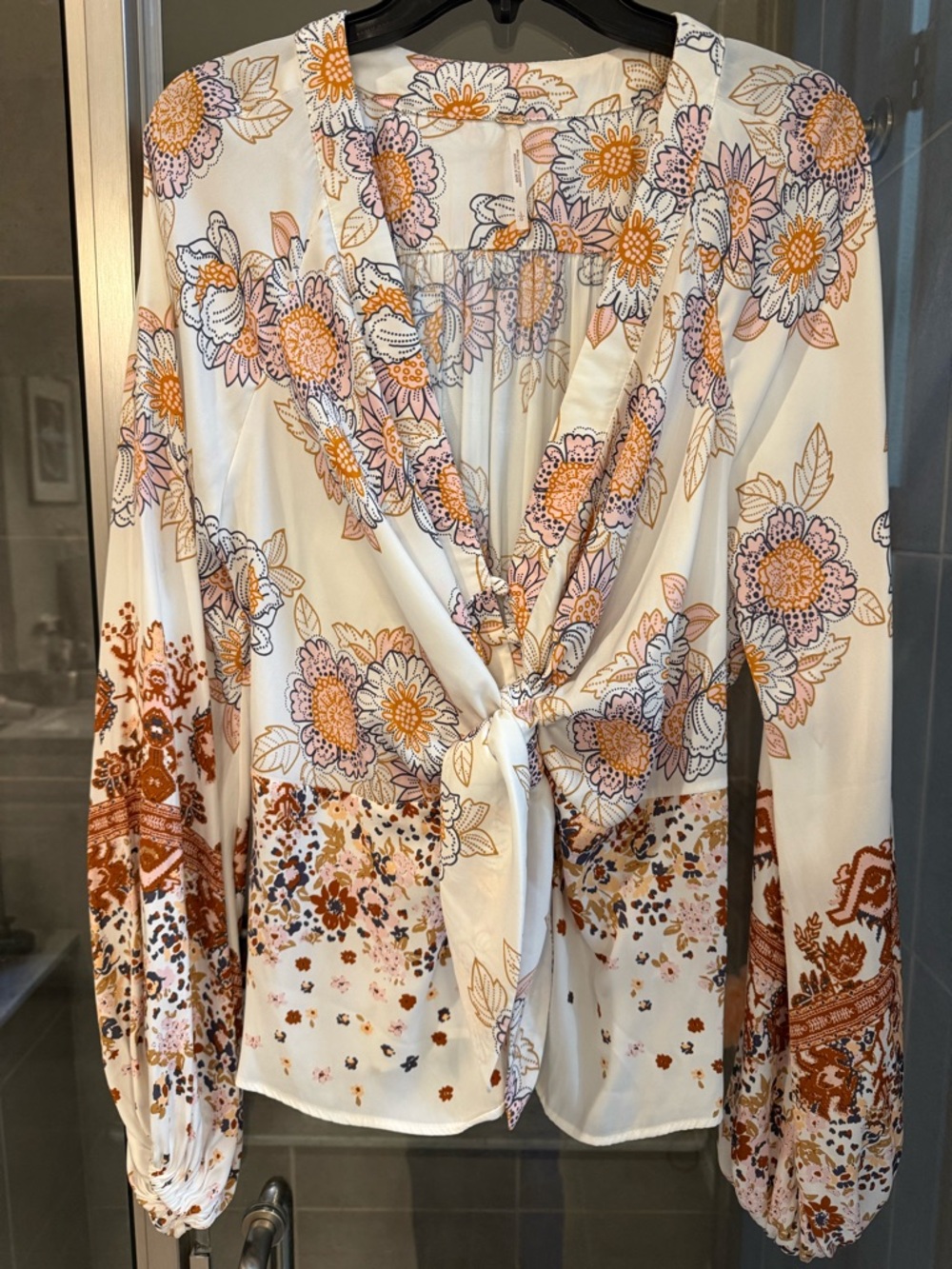 Free People Floral Tie-Front Top in Cream, Orange & Pink